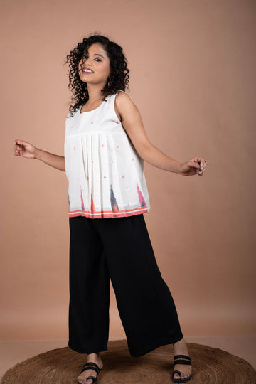Minimalistic Sleeveless White Jamdani Cotton Top with Temple Border